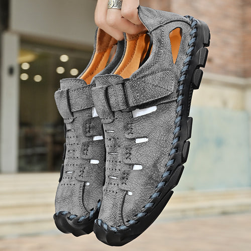 Herren Bequeme Leder-Sandalen mit verstellbarem Klettverschluss R&B