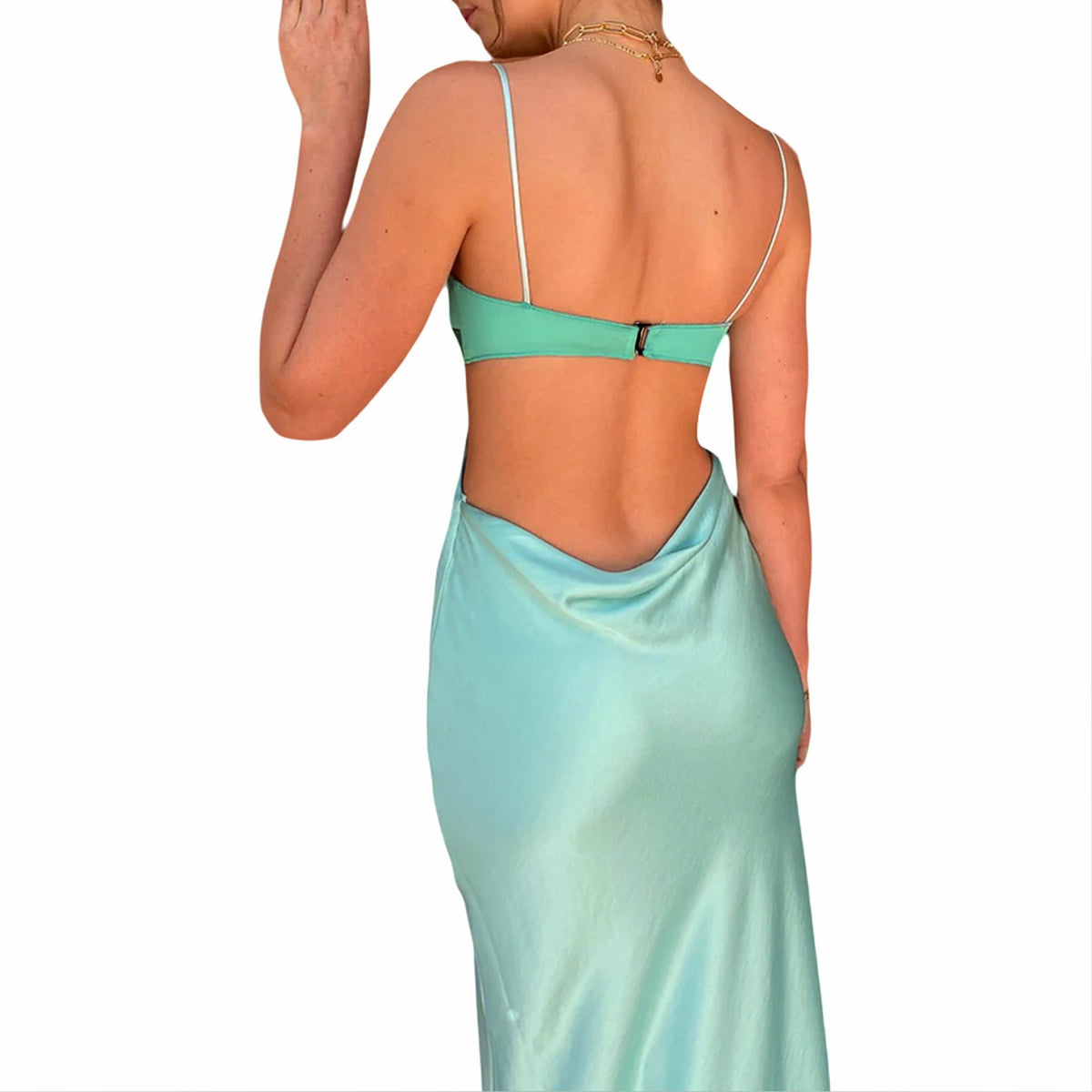 Damen elegantes langes Kleid mit innovativem Cut-Out Design und zarten Spaghettiträgern R&B