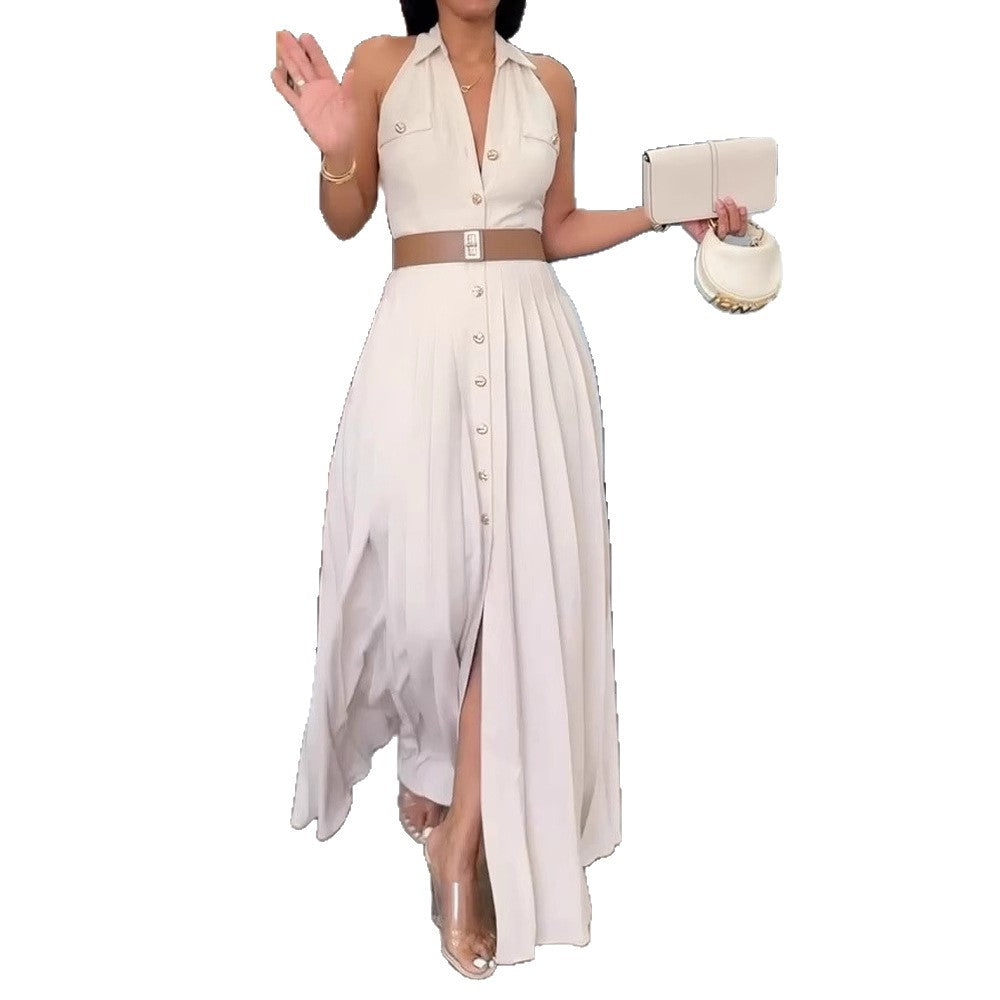 Damen Elegantes Maxikleid mit tiefem V-Ausschnitt und schmeichelndem Taillengürtel R&B
