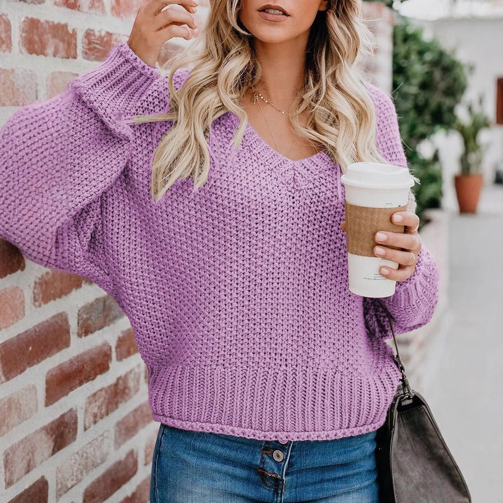 Damen Grobstrickpullover mit V-Ausschnitt und lässiger Passform R&B