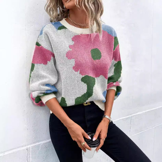 Damen modischer Pullover mit floralem Muster und weiten Ärmeln R&B