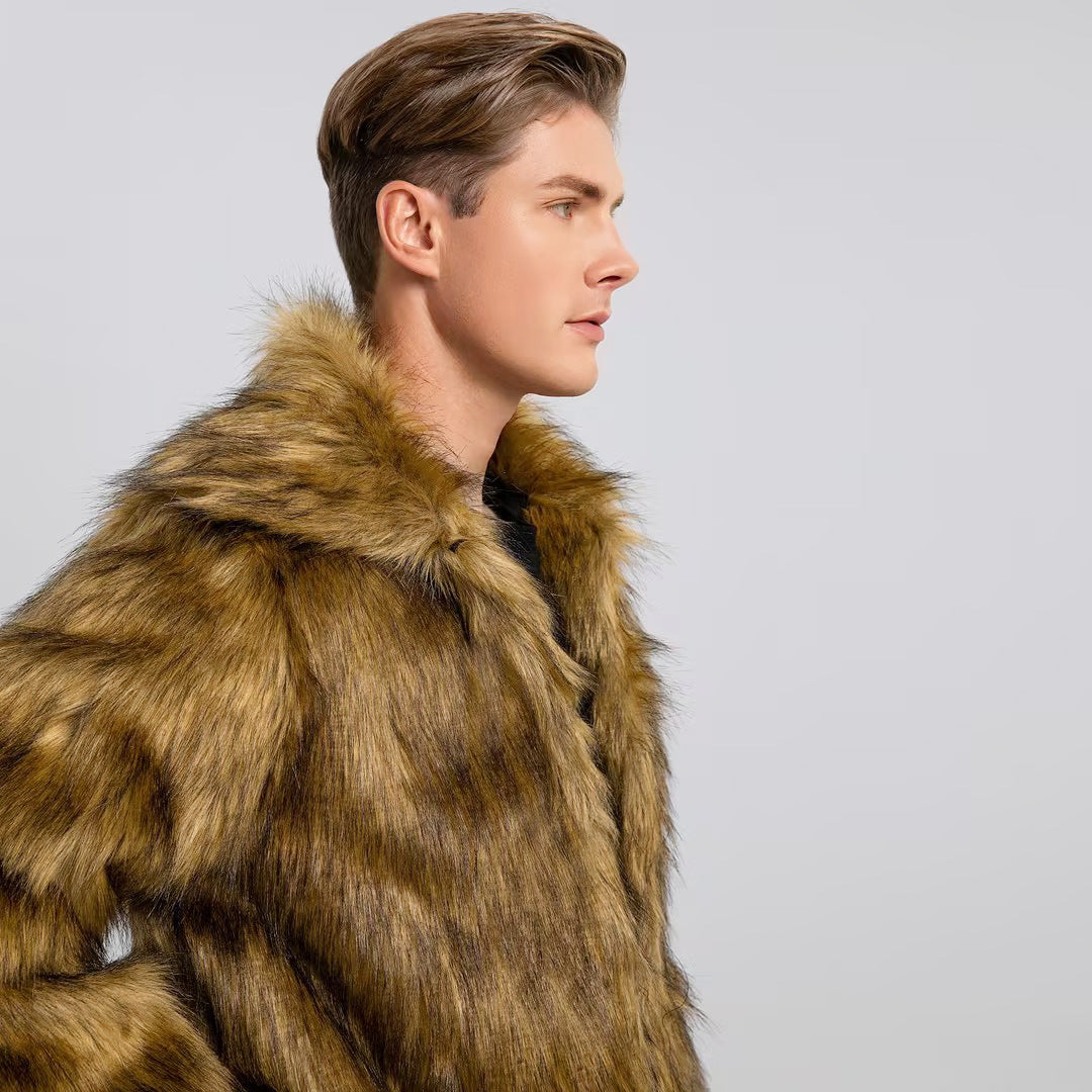 Herren Luxuriöser Kunstfell-Mantel mit voluminösem Kragen R&B