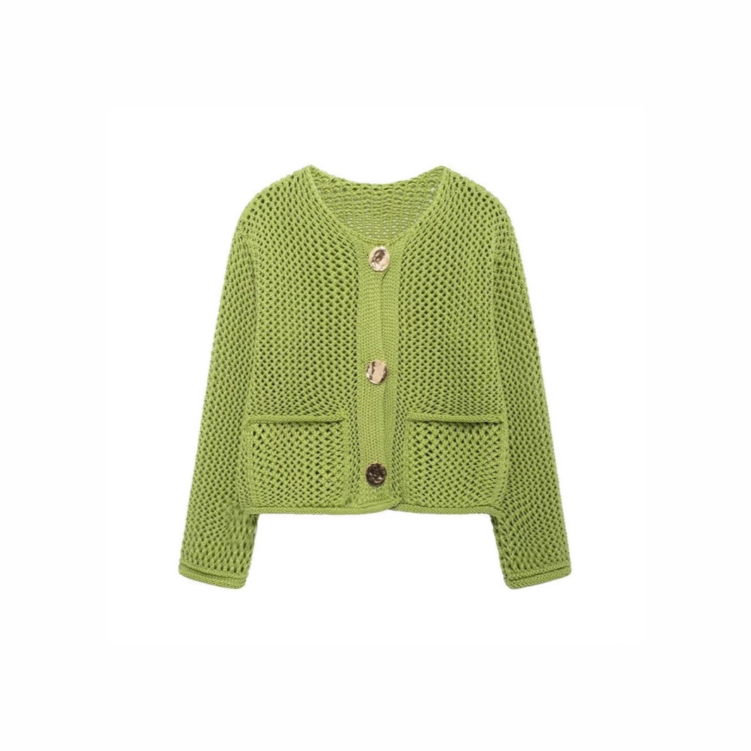 Damen luftige Strickjacke mit durchbrochenem Muster und praktischen Taschen R&B