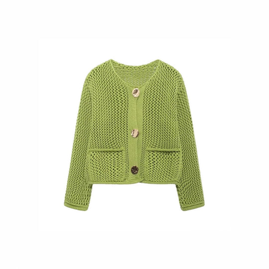 Damen luftige Strickjacke mit durchbrochenem Muster und praktischen Taschen R&B