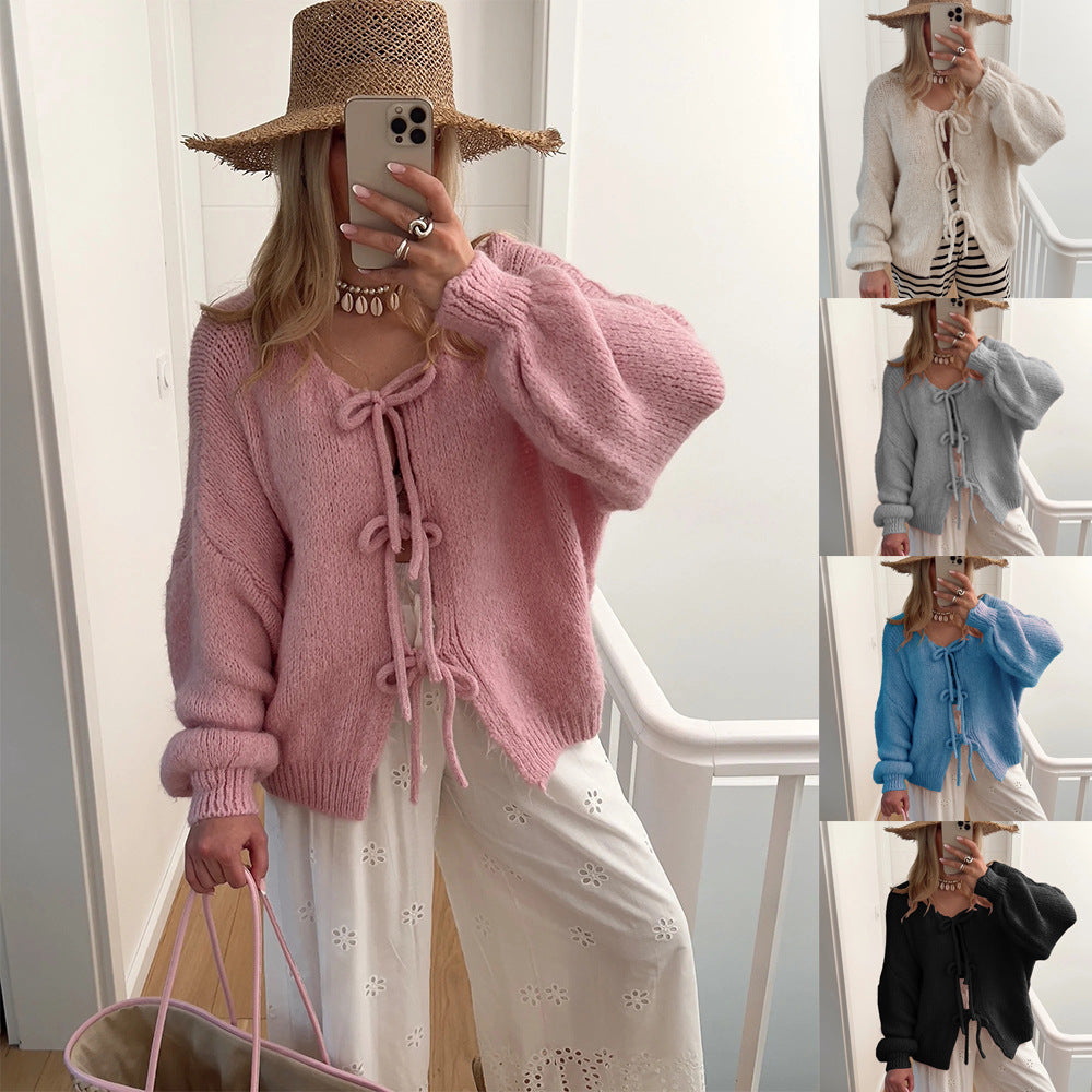 Damen Kuscheliger Strickcardigan mit dekorativen Bindebändern R&B