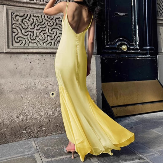 Damen Elegantes Maxikleid mit tiefem V-Ausschnitt und Schlitz R&B