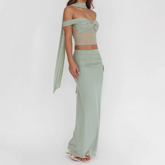 Damen elegantes Wickelkleid mit schulterfreiem Oberteil und drapierter Silhouette R&B