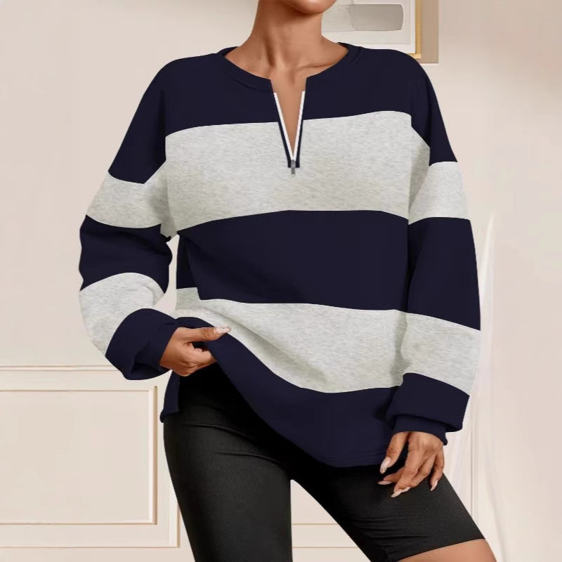 Damen modischer Sweatpullover mit Reißverschluss und gestreiftem Design R&B