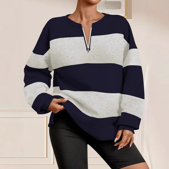 Damen modischer Sweatpullover mit Reißverschluss und gestreiftem Design R&B