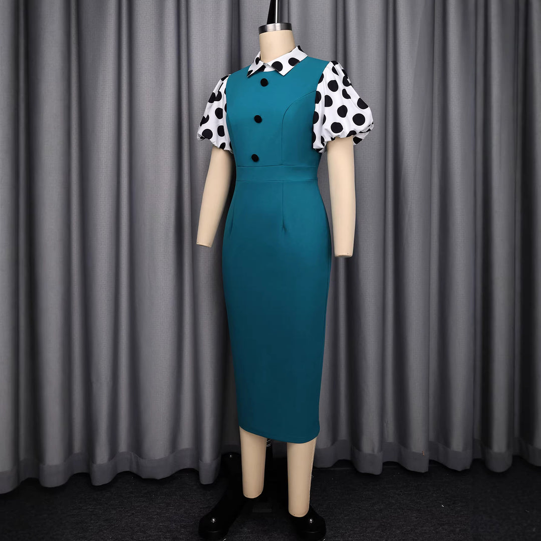 Damen figurbetontes Midi-Kleid mit polka-dot Ärmeln R&B