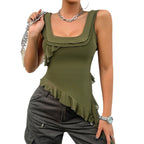 Damen asymmetrisches Rüschentop mit tiefem Ausschnitt und verführerischen Details R&B