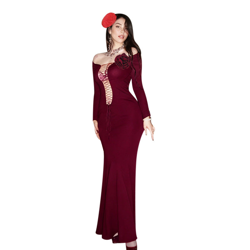 Damen figurbetontes Maxikleid mit Schnürung und floralem Detail R&B