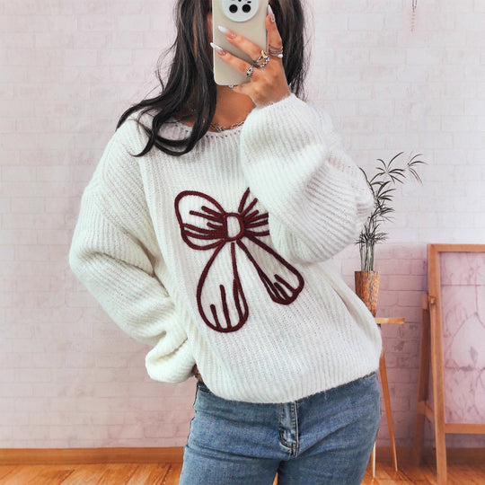 Damen Grobstrickpullover mit verspieltem Schleifenmotiv R&B