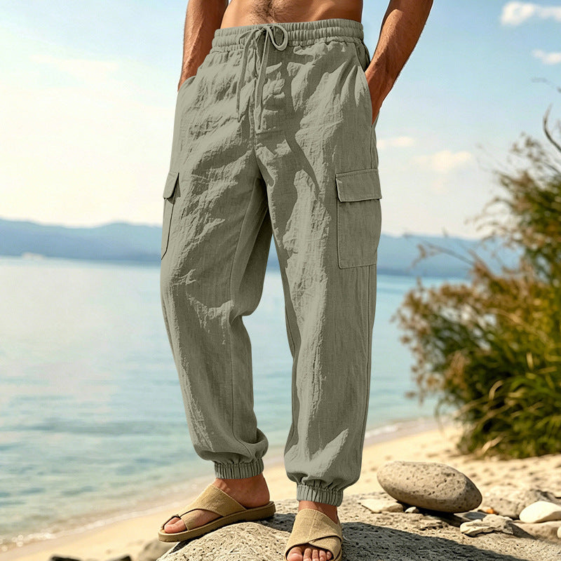 Herren nan leichte Cargo-Joggerhose aus Leinenmischung mit elastischem Tunnelzugbund, aufgesetzten Klappentaschen und gerippten Beinabschlüssen R&B