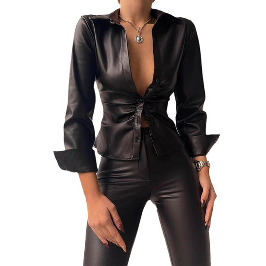 Damen Elegantes Kunstleder-Oberteil mit tiefem V-Ausschnitt und tailliertem Schnitt R&B