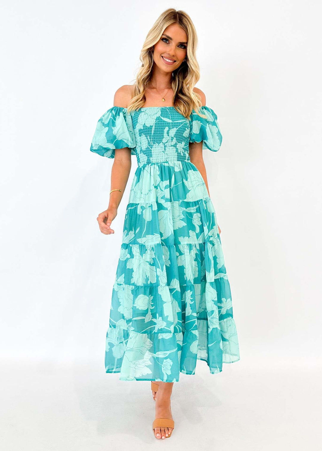 Damen Maxikleid mit elastischem Bustier und voluminösen Puffärmeln R&B