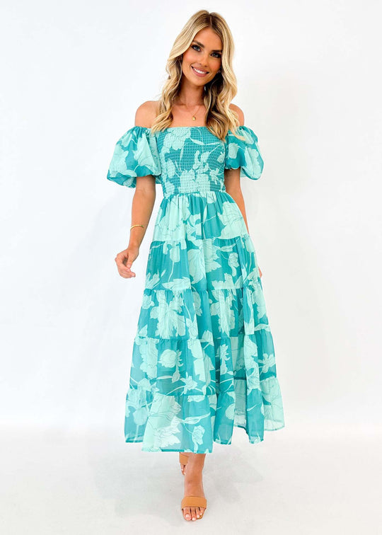 Damen Maxikleid mit elastischem Bustier und voluminösen Puffärmeln R&B