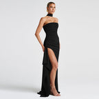 Damen Elegantes Trägerkleid mit seitlicher Drapierung und hochgeschlossenem Ausschnitt R&B