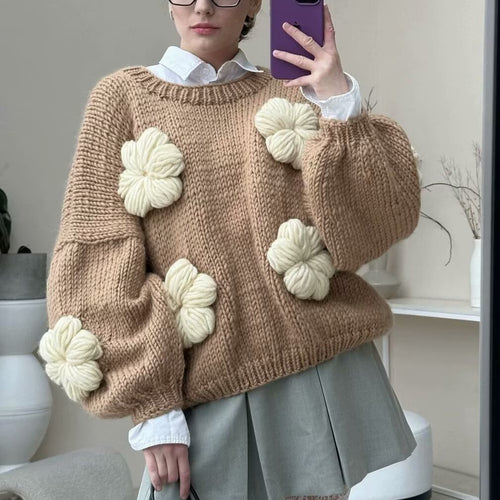 Damen gepunkteter Strickpullover mit voluminösen Ärmeln und floralem Design R&B