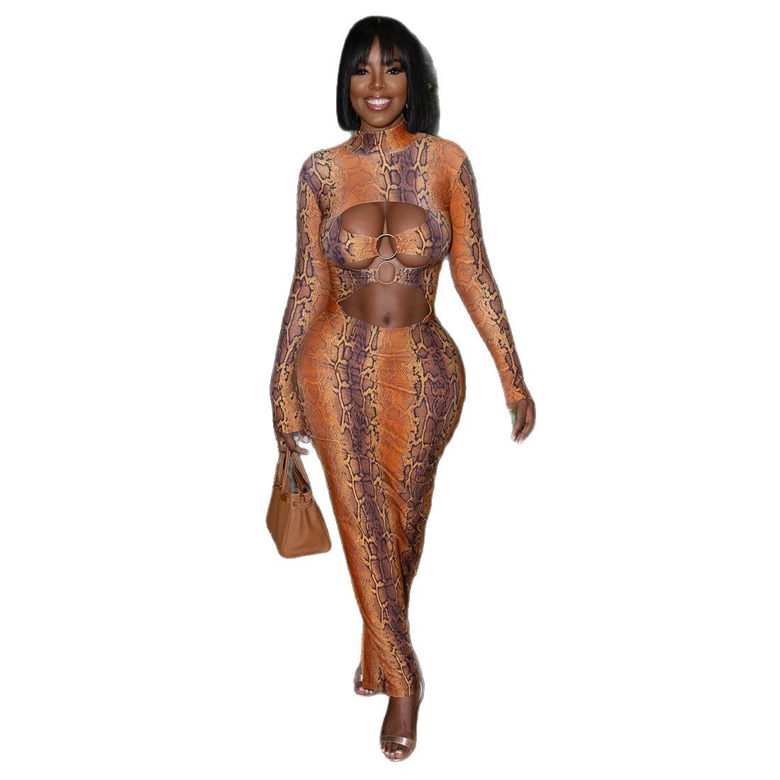 Damen Maxikleid mit elegantem Schlangenhautmuster und hoch geschlossenem Kragen R&B