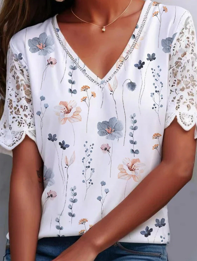 Damen Bluse mit Spitzenärmeln und floralem Druck Heidi-Mode