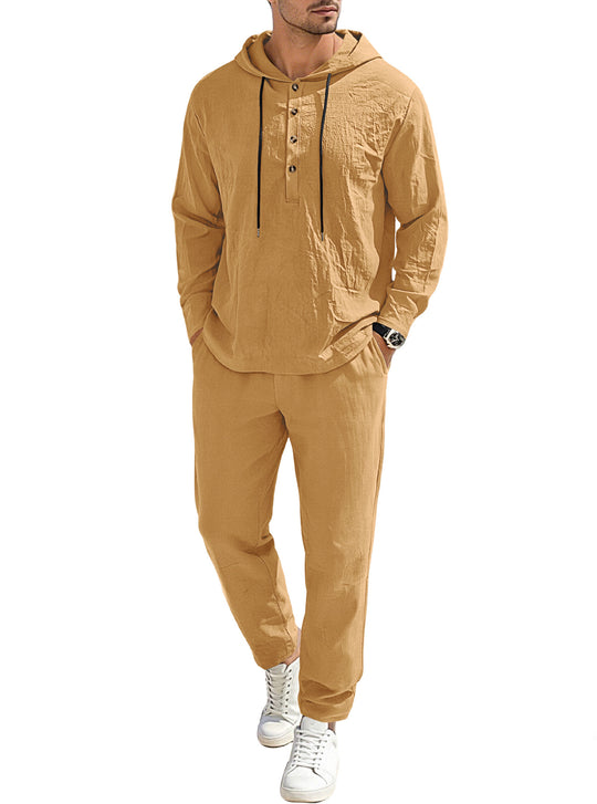 Herren nan entspannter Kapuzen-Henley Freizeitanzug aus leichter Baumwollmischung in Leinenoptik mit Kordelzug und elastischer Bundhose R&B