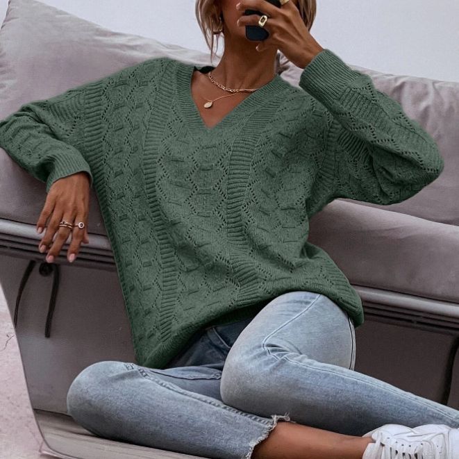Damen Strickpullover mit V-Ausschnitt und lockerer Passform R&B
