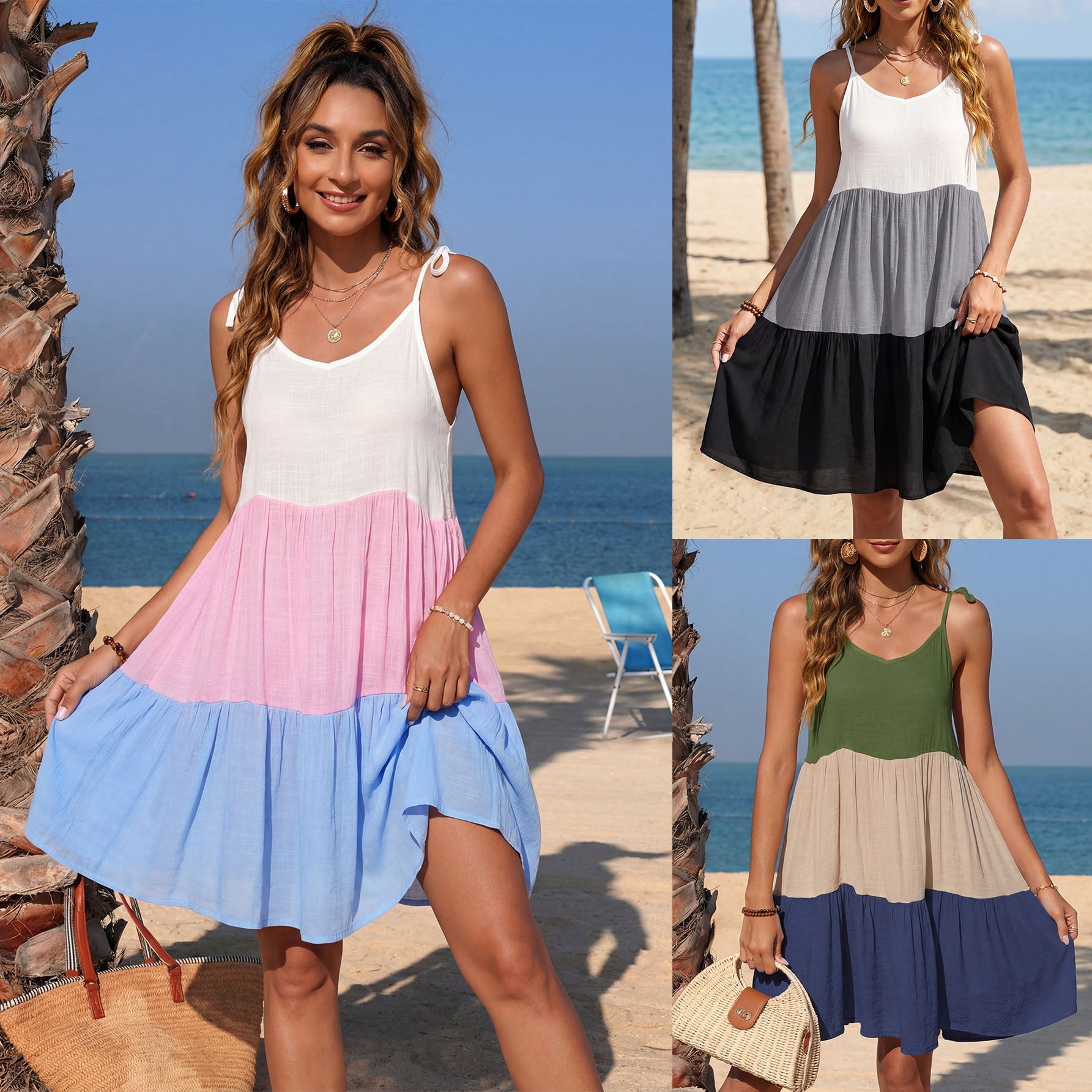 Damen luftiges Sommerkleid mit modischem Farbverlauf und verstellbaren Trägern R&B
