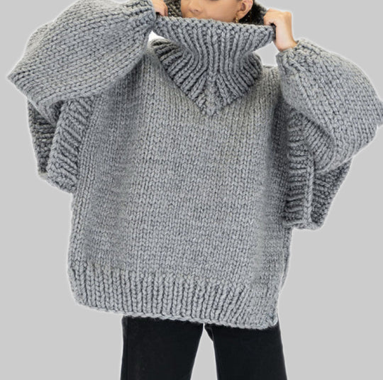 Damen Lockerer Strickpullover mit voluminösen Ärmeln und hohem Kragen R&B