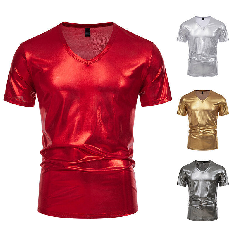 Herren V-Ausschnitt T-Shirt aus glänzendem Material mit persönlichem Stil
