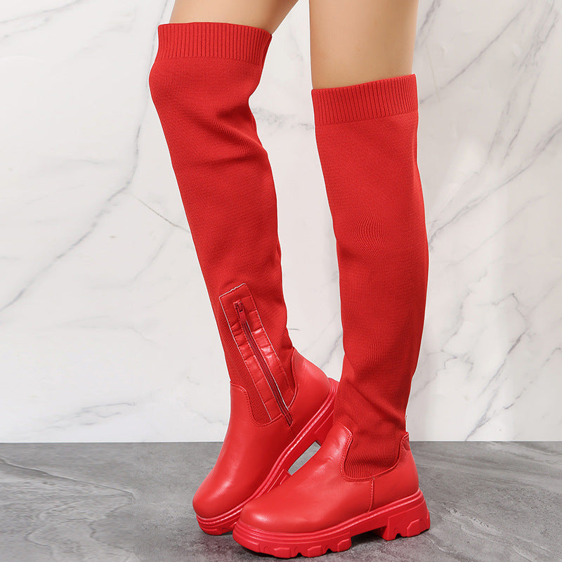 Damen Overkneestiefel mit sportlicher Sohle und modischen Strickakzenten R&B
