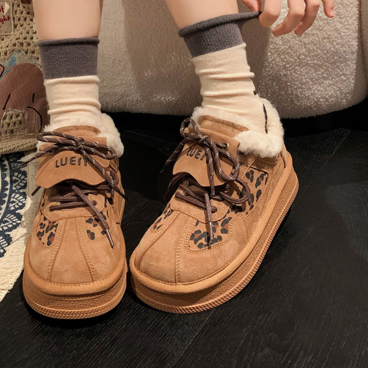 Damen modische Sneakers mit kuscheligem Innenfutter und tierischem Muster R&B