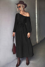 Damen Langarm Maxikleid mit asymmetrischem Schnitt und tailliertem Gürtel R&B