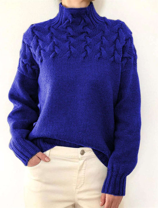 Damen Strickpullover mit dekorativem Zopfmuster und hohem Kragen R&B