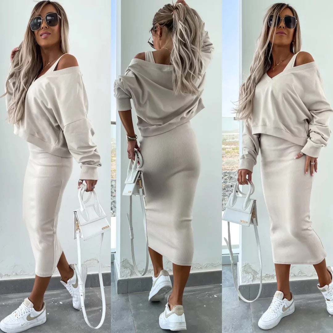 Damen elegantes und lässiges Zweiteiler-Set mit V-Ausschnitt und weitem Oberteil R&B