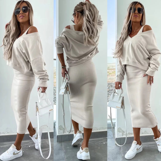 Damen elegantes und lässiges Zweiteiler-Set mit V-Ausschnitt und weitem Oberteil R&B