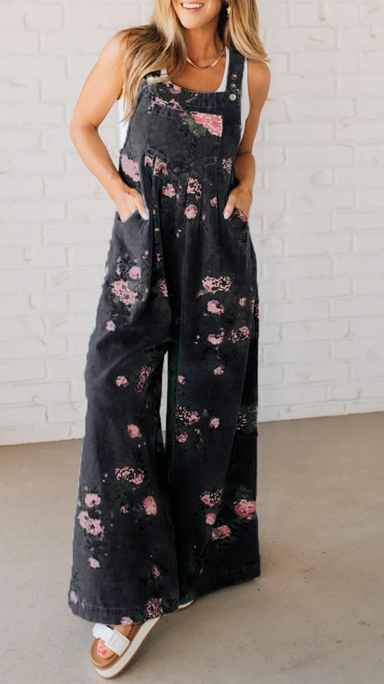 Damen Lässiger Denim-Hosenanzug mit floralem Print und weiten Beinen R&B