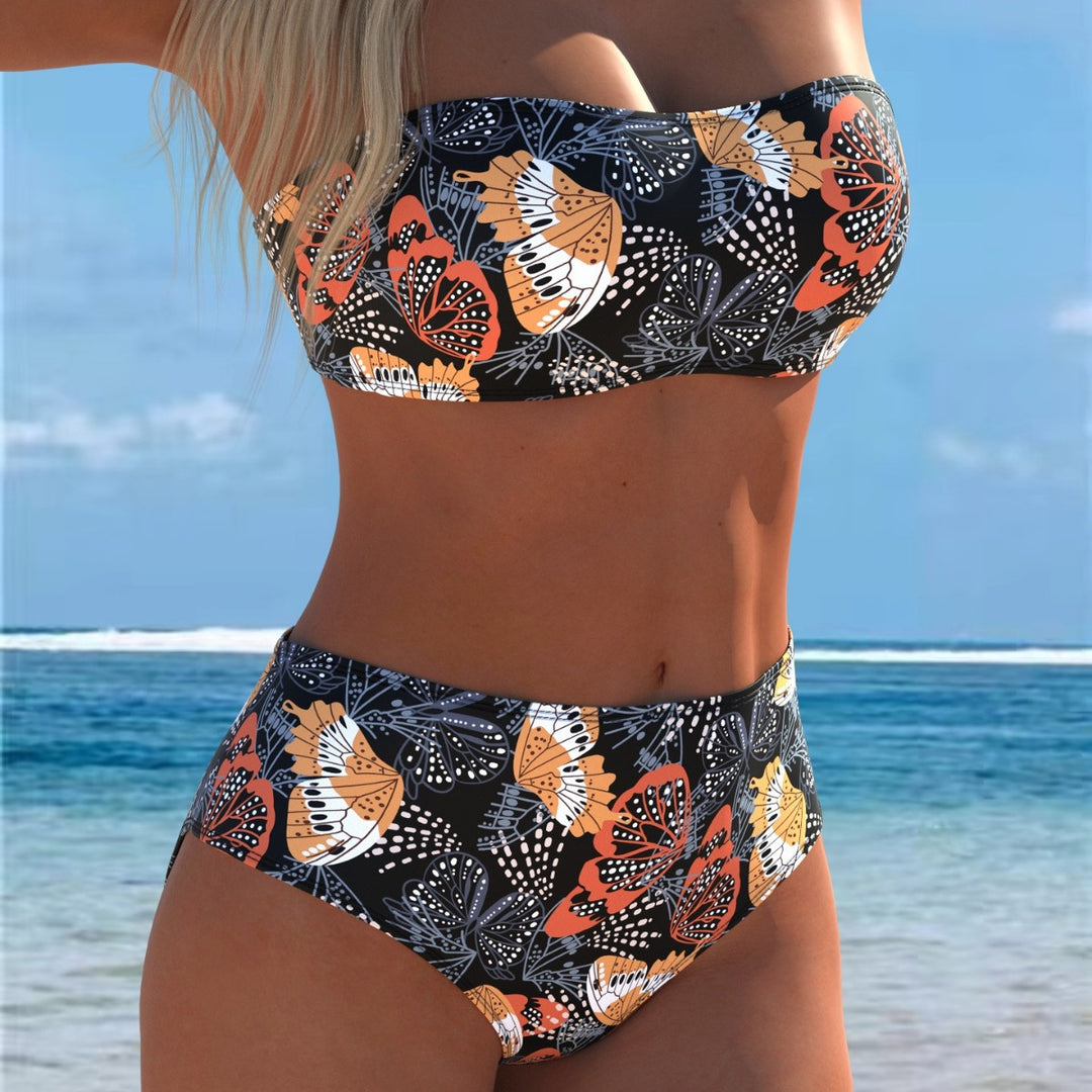 Damen Bandeau-Bikini mit hohem Taillenschnitt und kontrastierendem Blumendesign R&B