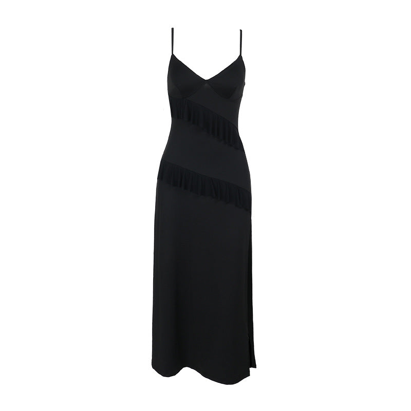 Damen Elegantes Maxikleid mit verspielten Rüschendetails und tiefem Schlitz EB