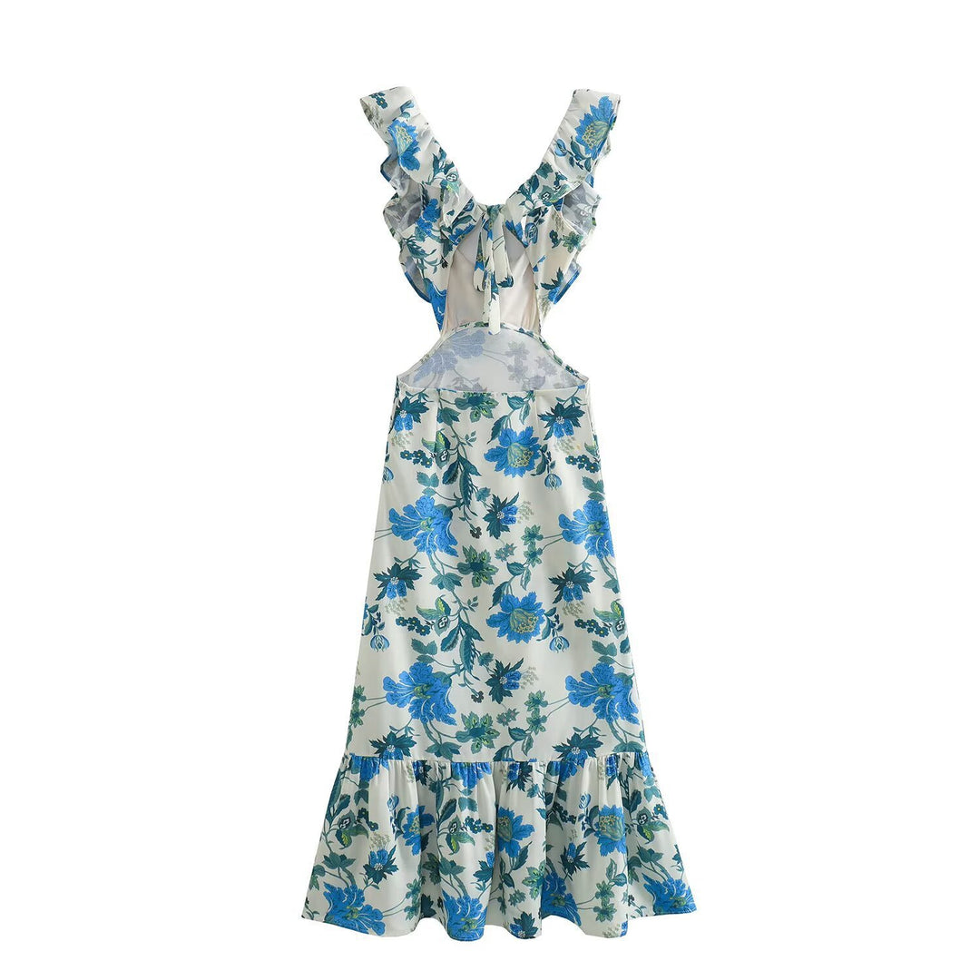 Damen Maxikleid mit voluminösem Rüschensaum und tiefem V-Ausschnitt R&B