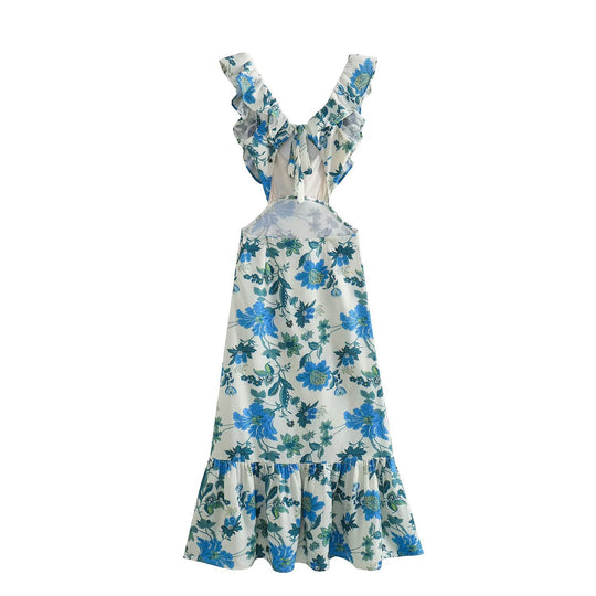 Damen Maxikleid mit voluminösem Rüschensaum und tiefem V-Ausschnitt R&B