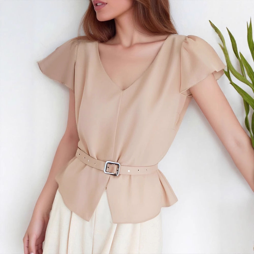 Damen Blusenshirt mit Taillengürtel und elegantem V-Ausschnitt EB