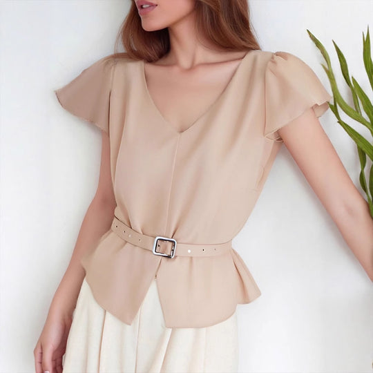 Damen Blusenshirt mit Taillengürtel und elegantem V-Ausschnitt R&B