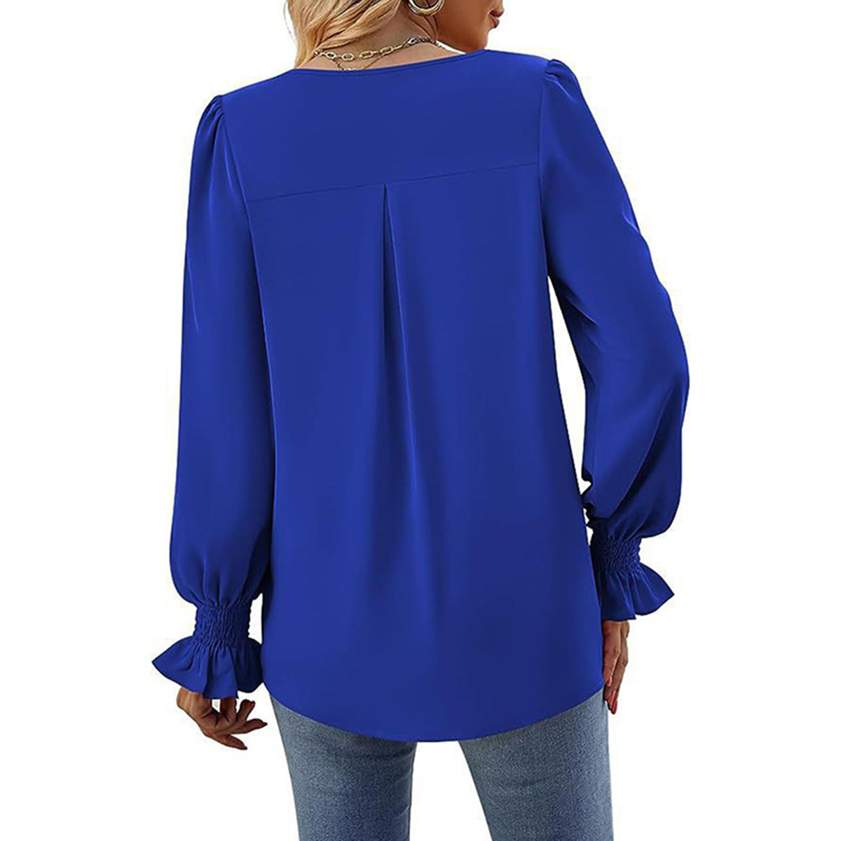 Damen fließende V-Ausschnitt Bluse mit eleganten Puffärmeln R&B