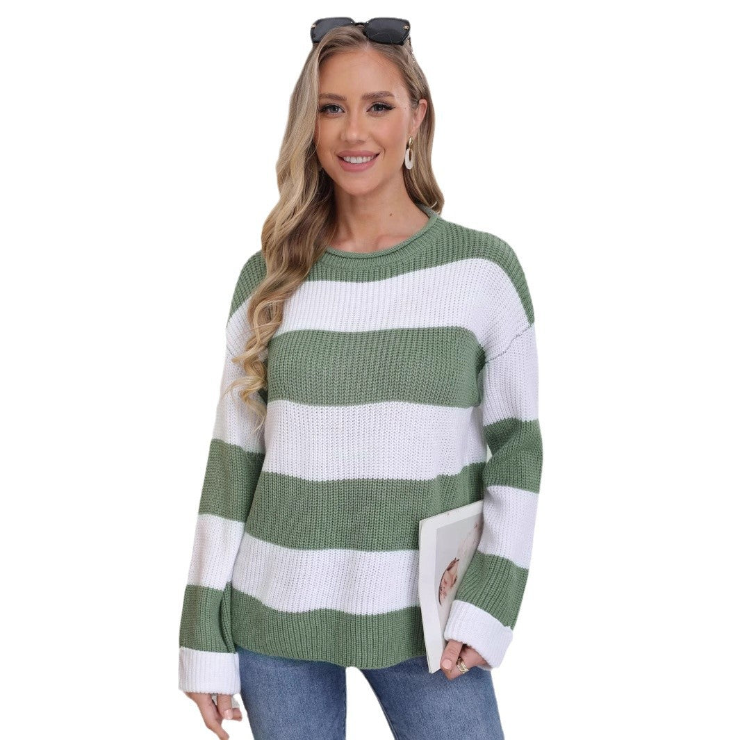 Damen lässiger Strickpullover mit breiten Streifen und lockerer Passform R&B