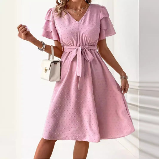 Damen Midi-Kleid mit schickem V-Ausschnitt und voluminösen Rüschensäumen R&B