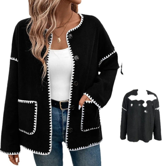 Damen modische Strickjacke mit dekorativem Kontrastbesatz und großen Taschen R&B