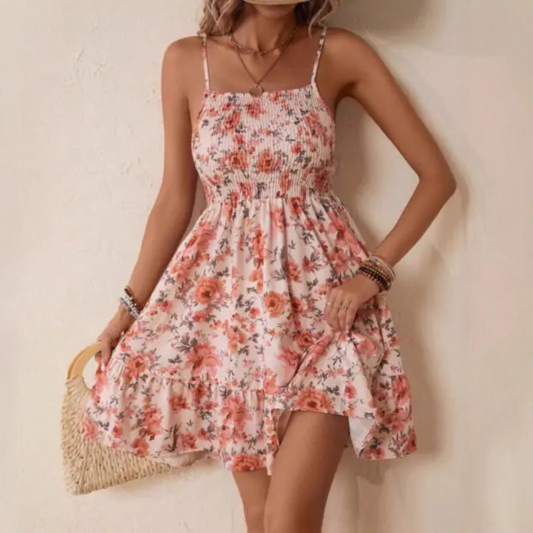 Damen Blumenkleid mit Spaghetti-Trägern und Rüschensaum R&B