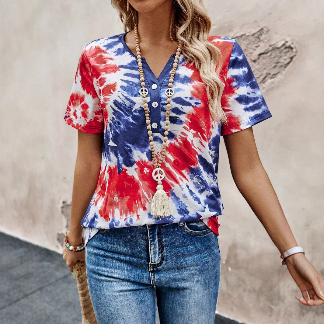 Damen Kurzarm T-Shirt mit knöpfbarem Ausschnitt und verspieltem Batik-Design R&B