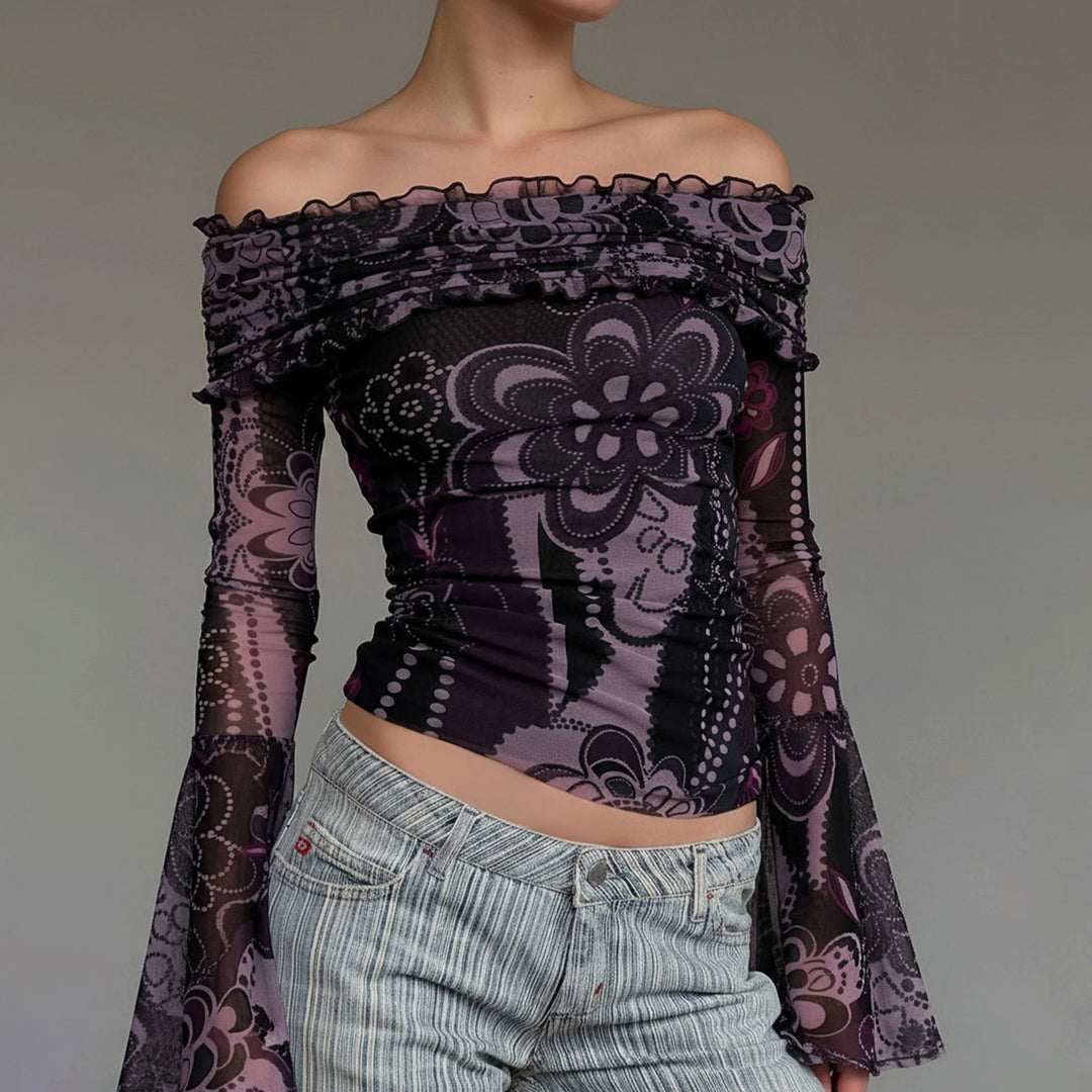Damen Off-Shoulder Oberteil mit voluminösen Ärmeln und floralem Muster R&B